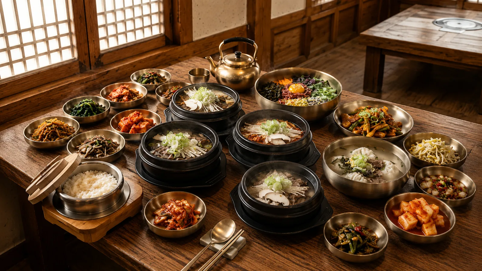 반찬과 탕이 풍성하게 차려진 나루담 한 상 전경