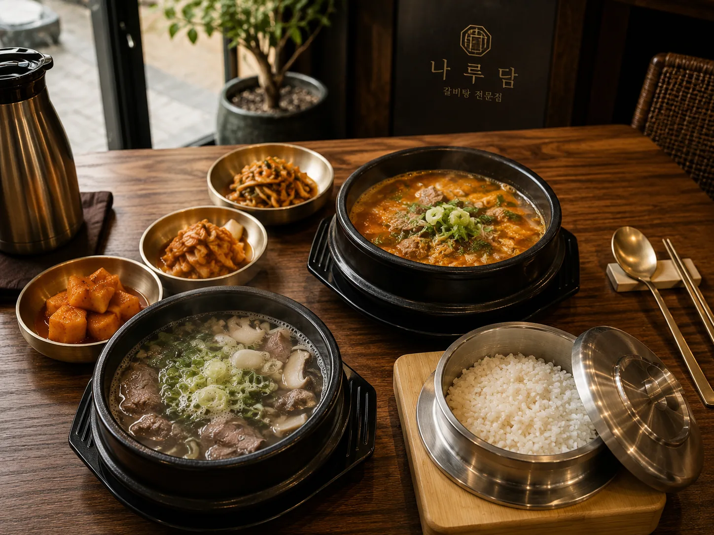 얼큰한 탕과 갓 지은 솥밥